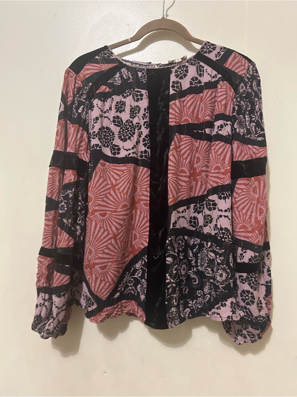 ONE WORLD Pink & Black Patchwork Boho Hippie Blouse Sz M Rayon w/faux velvet